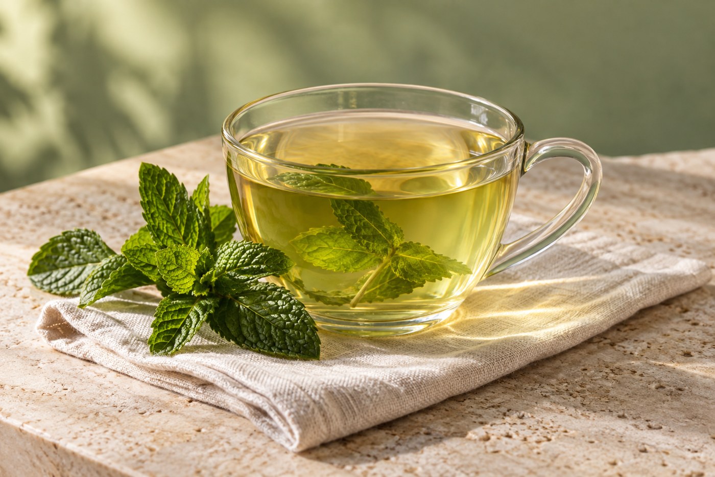 Infusão de hortelã em xícara de vidro